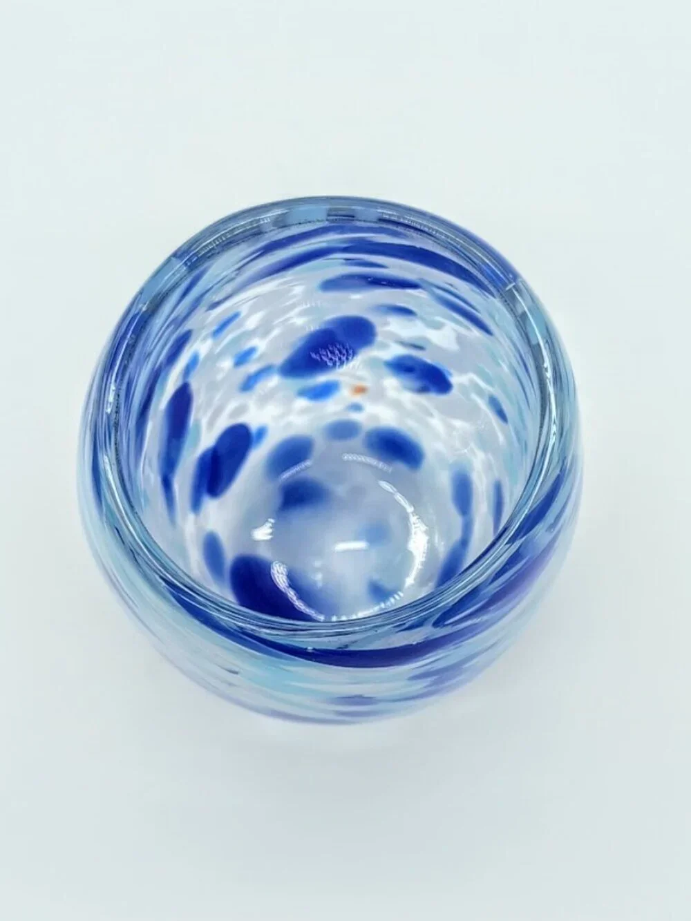 Blue White Artisan Glass Votive Candle Holder - Signed
